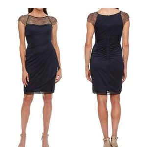 Elegant Navy Lace Cap Sleeve Midi Dress